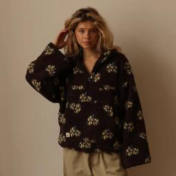 Winter Flowers Lambskin Sweatshirt With Big Pocket Casual Loose Zip-up Lapel Pullover Top Women's Clothing