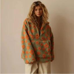 Winter Flowers Lambskin Sweatshirt With Big Pocket Casual Loose Zip-up Lapel Pullover Top Women's Clothing